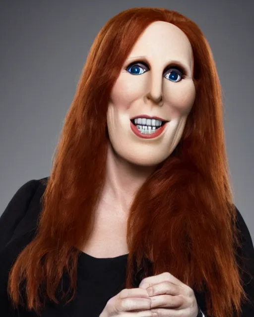 Image similar to catherine tate as a muppet. highly detailed felt. hyper real photo. 4 k.