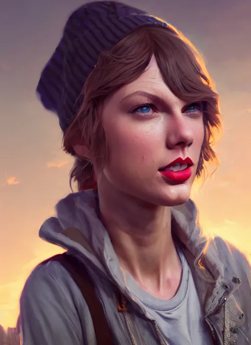 Image similar to Highly detailed full-body portrait of homeless Taylor Swift, in GTA V, Stephen Bliss, unreal engine, fantasy art by Greg Rutkowski, Loish, Rhads, Makoto Shinkai and Lois van baarle, ilya kuvshinov, rossdraws, Tom Bagshaw global illumination, radiant light, detailed and intricate environment