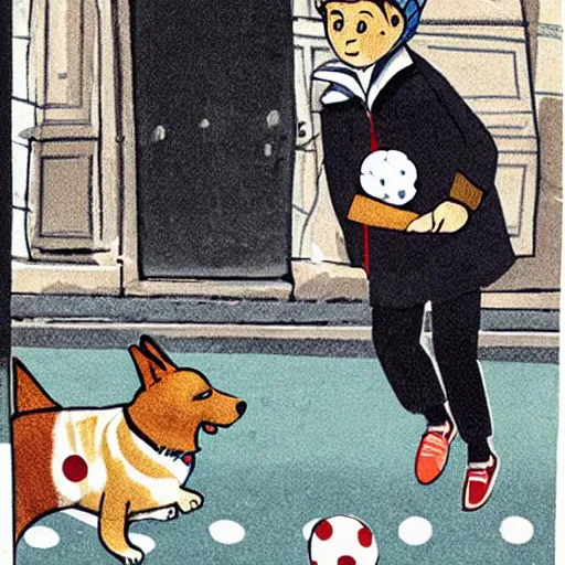 Image similar to book illustration of a french boy on the streets of paris playing football against a corgi, the dog is wearing a polka dot scarf, 1 9 6 6