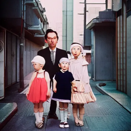 Image similar to photoshoot of friendly cyclops lookbook in Tokyo, color film photography, portrait of a beautiful family in style of Doisneau, 35mm, ektachrome