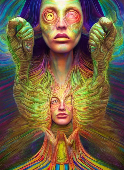 Image similar to portrait ultra dimensional cult girl shaman, accidentally tripping on dmt and acid, psychedelic experience, ascending through the fifth dimension moving at the speed of light and sitting still, ultra high definition, unreal engine 5, hyperrealism, masterpiece composition, by peter kemp, casey weldon, barclay shaw