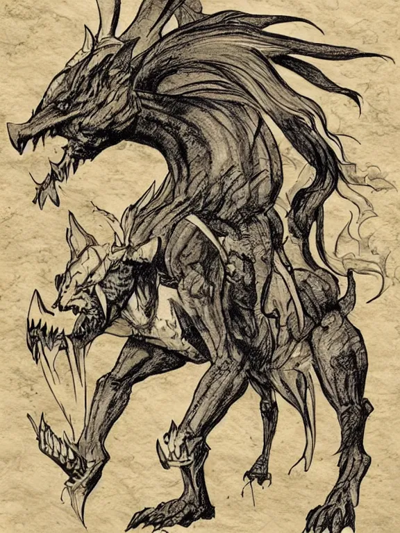 Image similar to ink illustration of a four legged beast, monster manual style, dungeons and dragons guidebook, tan parchment paper