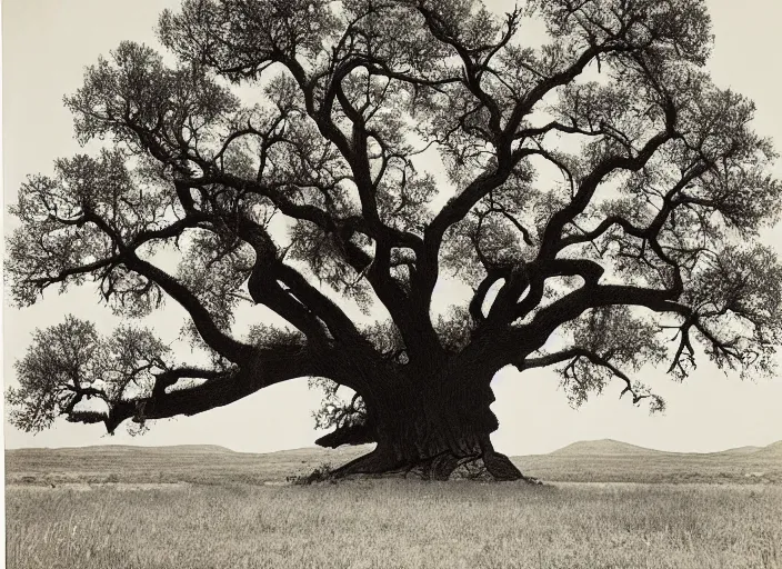 Prompt: Big oak tree in a grassy flat desert, albumen silver print by Timothy H. O'Sullivan.