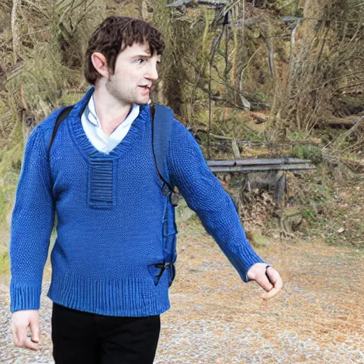 Image similar to hobbit wearing a white men's crossbody sling chest bag and blue sweater