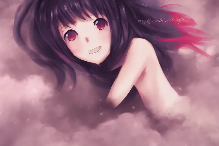 Image similar to a cute anime girl sitting on a cloud, digital painting, anime, portrait