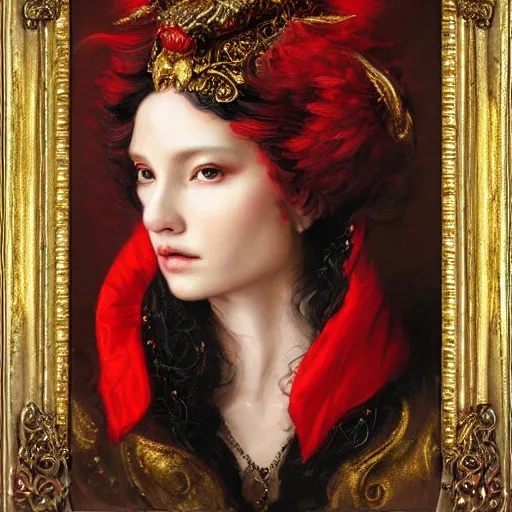 Image similar to portrait of a red sorcerer, sharp focus, black hair, baroque, rococo, highly detailed, intricate, bird mask, white, regal clothing, gold ethereal light, by livia prima