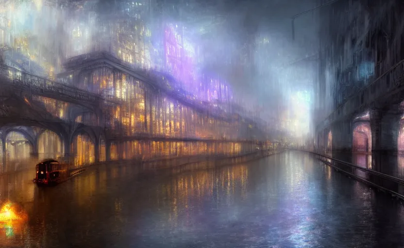 Prompt: an urban train rides inside of a waterway on a fantasy city. by artstation trending, by joseph mallord william turner, luis royo, konstantin razumov, cinematic lighting, fractal flame, highly detailed