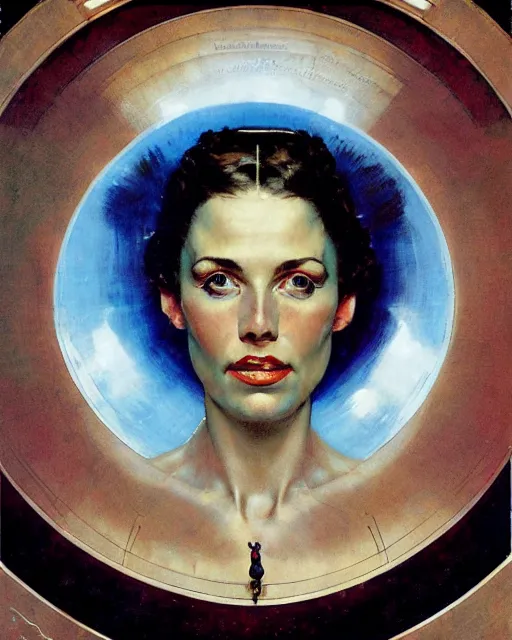 Image similar to head portrait of elegant space woman with wideset blue eyes by norman rockwell, roberto ferri, daniel gerhartz, edd cartier, jack kirby, howard v brown, ruan jia, tom lovell, frank r paul, dean cornwell, astounding stories, amazing, fantasy, other worlds