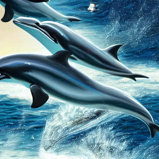 Image similar to dolphins aboard the starship enterprise, hyper realistic, extreme detail,