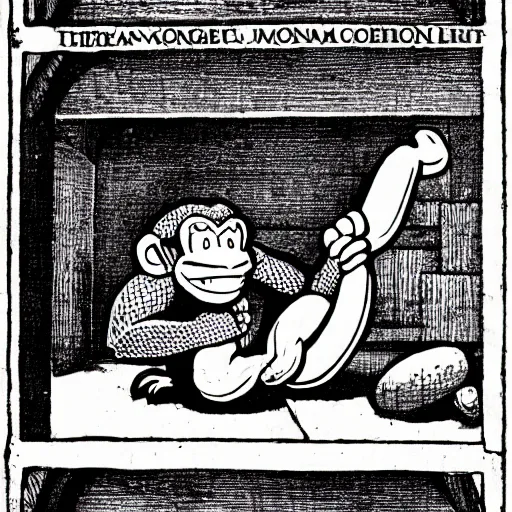 Image similar to Donkey Kong slips on a banana, medieval textbook art