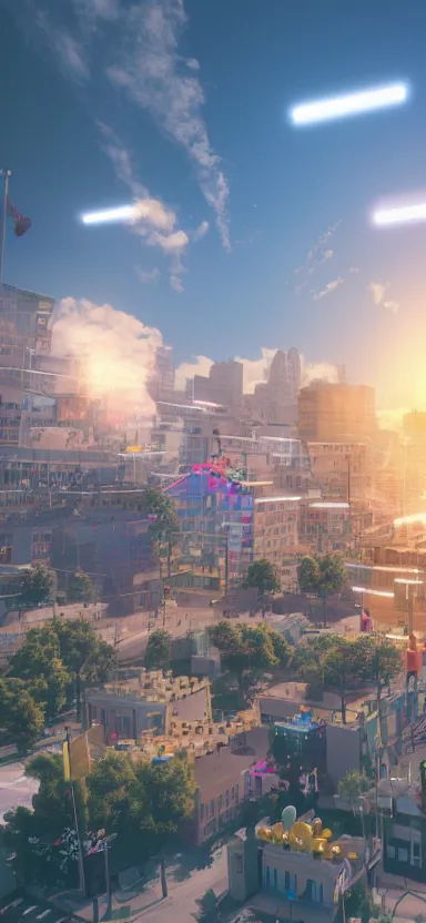 Image similar to unreal engine 5 render of a happy city on a sunny day with lasers coming out of the clouds, digital art ”