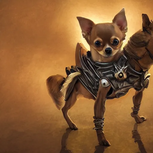 Image similar to tan coloured chihuahua Dog, battle armour, Anthropomorphized, casting epic spell, magic the gathering artwork, D&D, fantasy, cinematic lighting, centered, symmetrical, highly detailed, digital painting, artstation, concept art, smooth, sharp focus, illustration, volumetric lighting, epic Composition, 8k, art by Akihiko Yoshida and Greg Rutkowski and Craig Mullins, heroic pose, oil painting, cgsociety, magic lab background