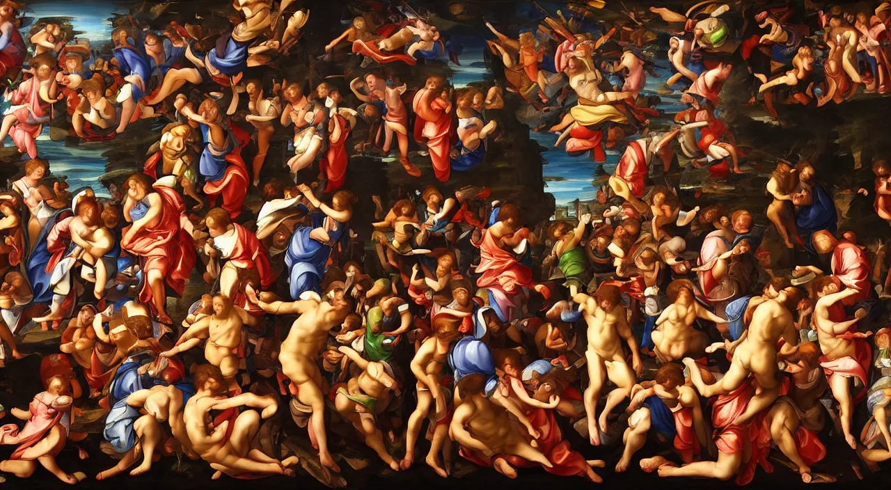 Prompt: Renaissance painting of a video game tournament. Hyper realism, intricate details, masterpiece.