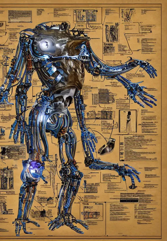 Prompt: highly detailed labeled medical anatomy poster of a robotic abomination, poster paper with notes, well - lit, ray tracing, detailed, mechanism, forbidden - knowledge, intricate details, gold and silver ink