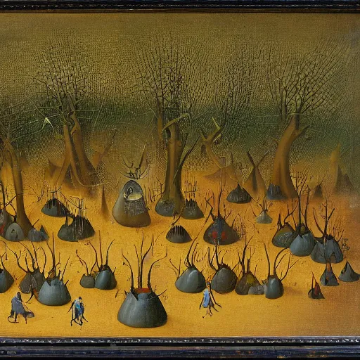 Prompt: a hieronymus bosch painting of a forest of tiny bonzai trees in pots, burning in flames, smoke in the sky, ominous, oil on canvas