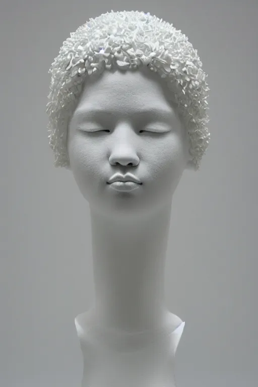 Image similar to full head and shoulders, beautiful female porcelain sculpture by daniel arsham and james jean, smooth, all white features on a white background, delicate facial features, white eyes, white lashes, detailed white 3 d different species of flowers