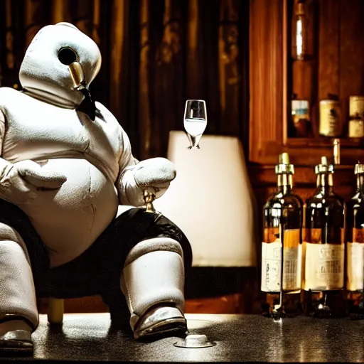 Prompt: cinematic photo of a taxidermied michelin man drinking a scotch on the rocks in a fancy old fashioned smoking room