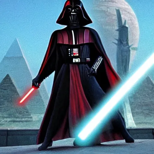 Image similar to morbius. morbius!!!!!!!!!! morbius. morbius holding a lightsaber. and darth vader, pyramids in background.