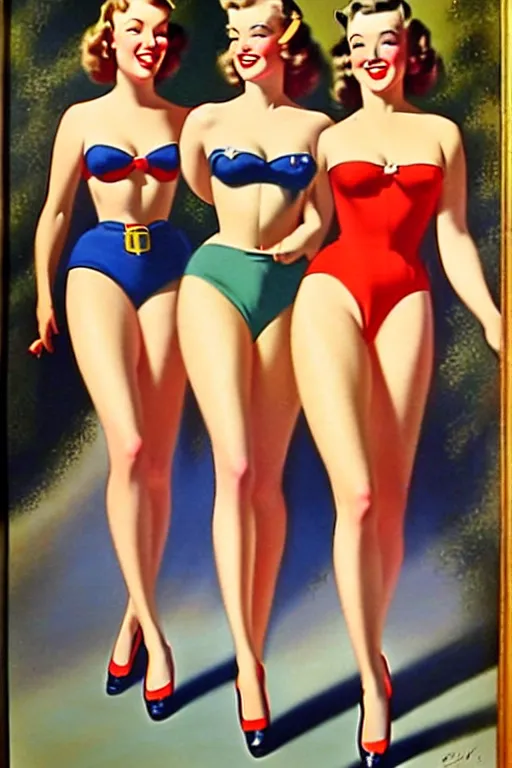 Prompt: 1940s group of pinup bikini girls walking down the street in 1940s Sydney in Australia, oil painting, by Gil Elvgren