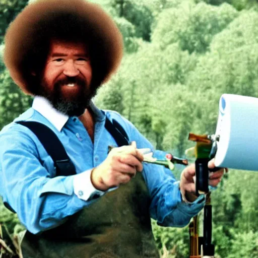 Prompt: bob ross painting a canvas with a paintball gun