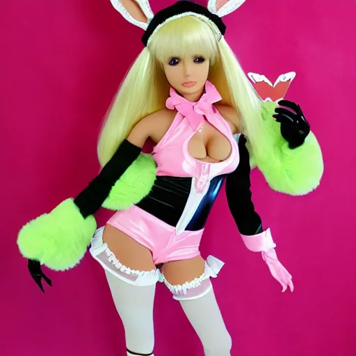 Image similar to anime barbie doll, leather bunny costume bodysuit, playboy, rabbit ears, plaid tights, full length, raspberry banana color, lace