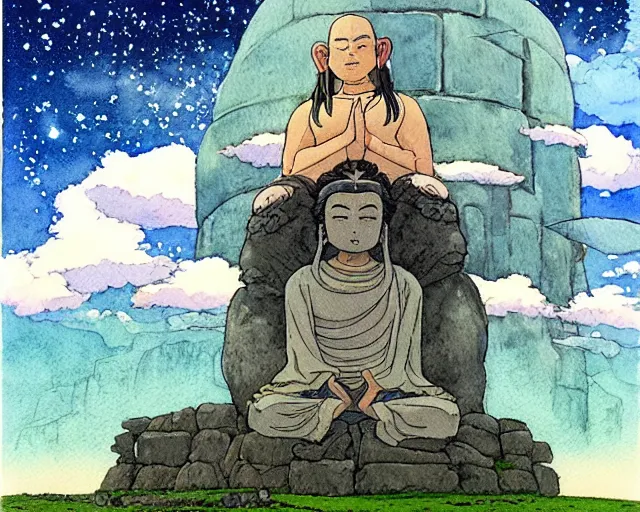 Image similar to a hyperrealist studio ghibli watercolor fantasy concept art of a giant long haired buddha in lotus position in stonehenge with a starry sky in the background. a giant rocket ship from independence day ( 1 9 9 6 ) is floating in the air. by rebecca guay, michael kaluta, charles vess