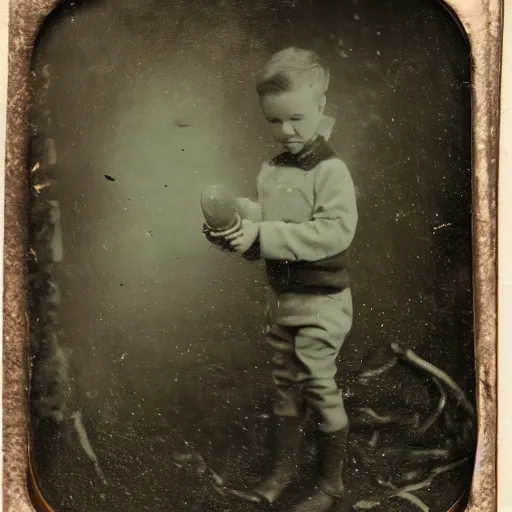 Image similar to tintype photo, boy rides a ant, underwater, jellyfish