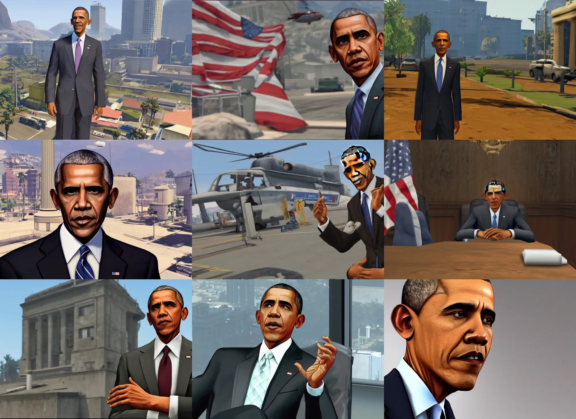 Prompt: Obama in the amination, screenshot , GTA5