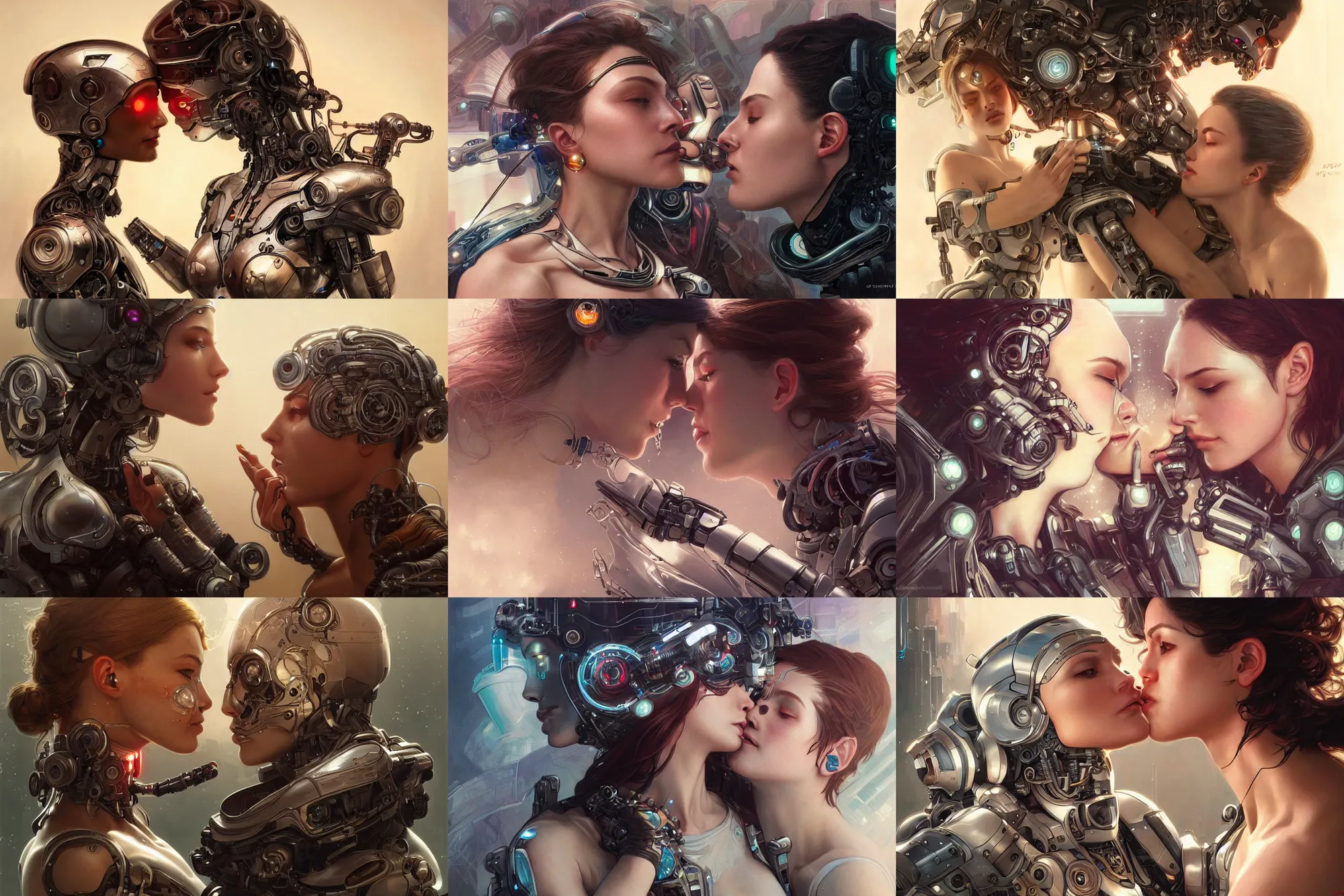 Prompt: Ultra realistic illustration, woman, cyborg and robot kissing each other + faces, cyberpunk, sci-fi, fantasy, intricate, elegant, highly detailed, digital painting, artstation, concept art, smooth, sharp focus, illustration, art by artgerm and greg rutkowski and alphonse mucha