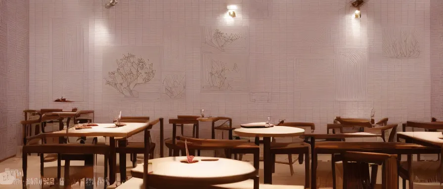 Image similar to a beautiful simple interior render of small roasted string hotpot restaurant restaurant yan'an, wall corner, from china, red paper wall and white tile floor, rectangle white porcelain table, fine simple delicate structure, chinese style, simple composition, simple style structure decoration design, victo ngai, 4 k hd