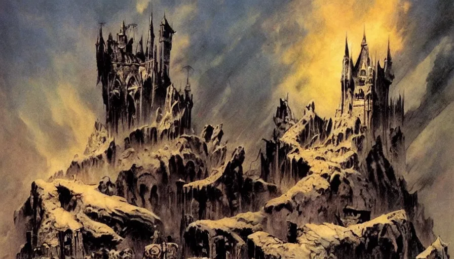 Image similar to an evil fortress, artwork by frank frazetta