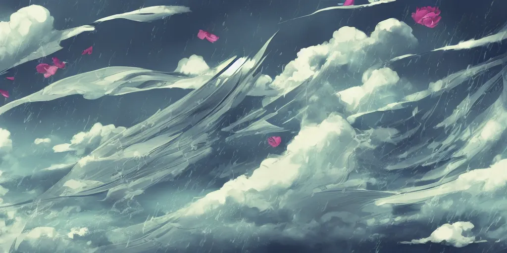 Image similar to background art of flying longswords flowing through the slicing through directional wind on a simple cloudy sky background featuring an enormous tsunami, big puffy clouds, sharp rain, large rose petals, lotus petals, large polygonal background elements, large polygons, dramatic anime, dramatic lighting, artgerm, manga, trending on artstation, art nouveau, mature colors