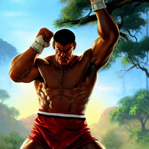 Image similar to ultra realistic painting of forest gump as ryu from street fighter, art by frank frazetta, 4 k, ultra realistic, highly detailed, epic lighting