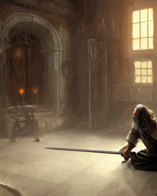 Image similar to gandalf moping a floor, greg rutkowski, esuthio, craig mullins, cinematic lighting, gloomy