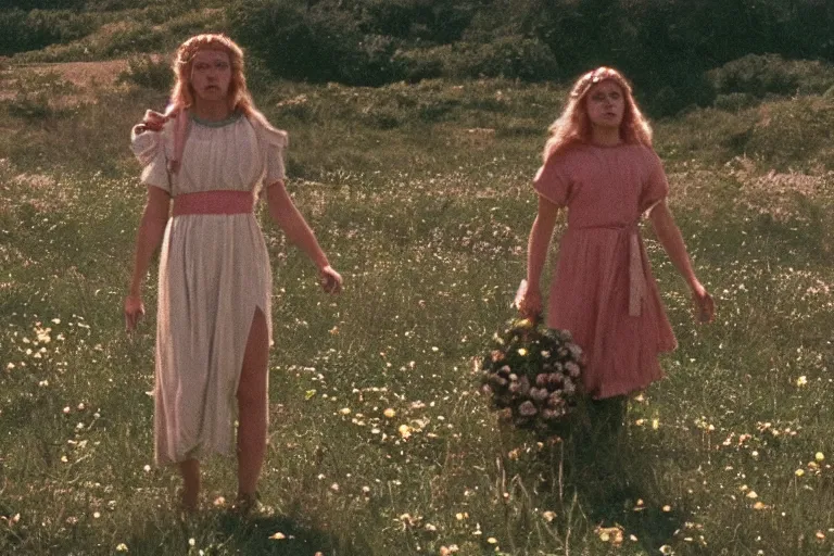 Prompt: vhs 1 9 8 0 s cinema footage of a scene from the movie midsommar directed by ari aster, film grain