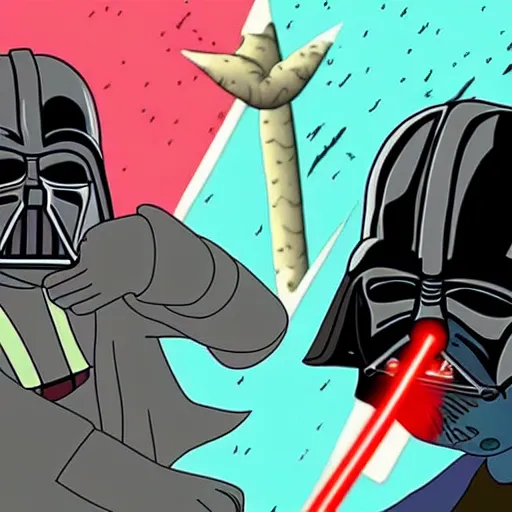 Prompt: amazing photo of darth vader and rick from rick and morty fight