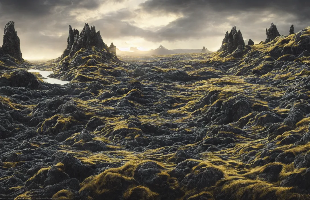 Prompt: a highly detailed icelandic environment on the edge of an huge abyss, detailed intelligent scrollwork, hyperreal phantastic, intricate details in environment, meeting point, luminance, golden ratio, high aestehtic, cinematic light, dramatic light, godrays, distance, photobash, wideangle, bierstadt, hyperreal 4 k