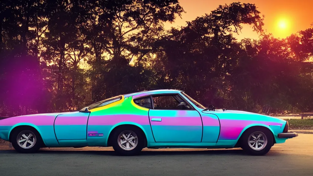 Image similar to neon synthwave 1 9 7 5 datsun 2 6 0 z at sunset, 8 k. filling of the view