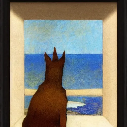 Prompt: a woman and her black and brown chihuahua looking out to sea by odilon redon