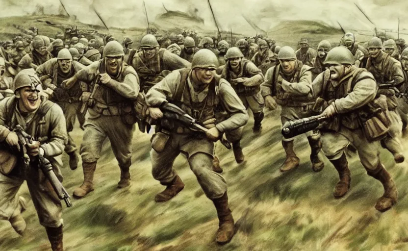 Image similar to Photo of Shrek leading the 1944 Omaha beach charge, photography by Robert F. Sargent, Normandy, D-Day, very detailed, realistic