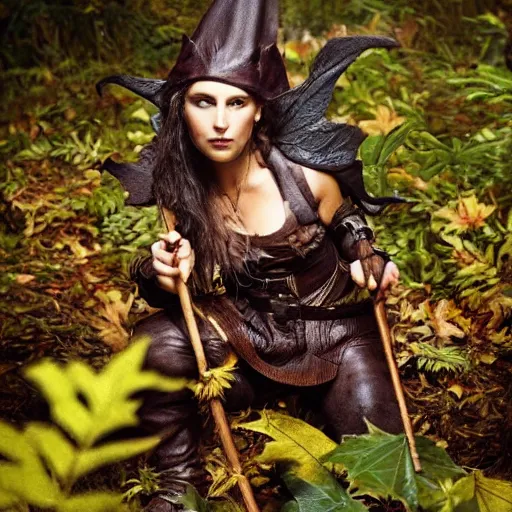 Prompt: a determined dnd deep gnome druid with leather clothing and leaves and sticks in her hair, photo by annie leibovitz