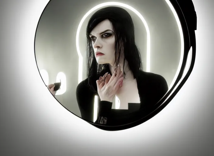 Image similar to octane render photographic portrait by quentin tarantino of a beautiful feminine man wearing black techwear and light makeup looking in a broken bathroom mirror, old new york apartment, full shot, retrofuturism cinematic, 8 k, hd, high resolution, ultra realistic faces, photorealistic, intricate detail, trending on artstation, digital painting, clockwork orange