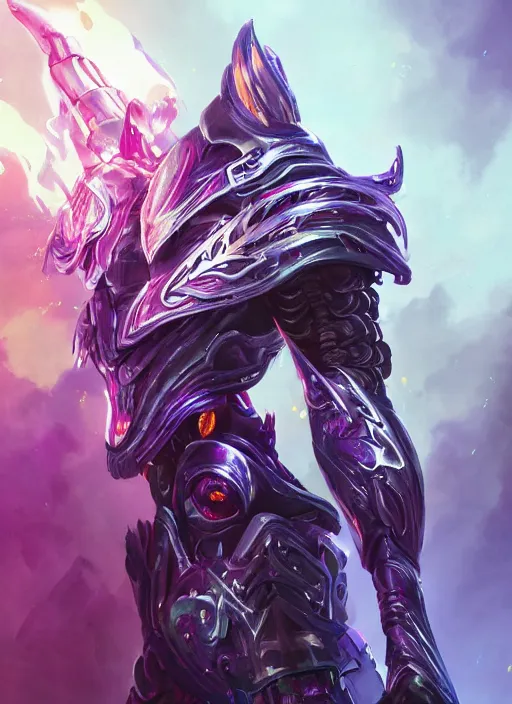 Image similar to a highly detailed illustration of futuristic cyber knight with flaming plume with arm blades, rigid bulky armor, glowing purple line cracks in armor, dramatic standing pose, intricate, elegant, highly detailed, centered, digital painting, artstation, concept art, smooth, sharp focus, league of legends concept art, WLOP