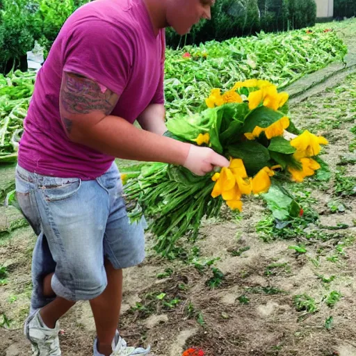 Image similar to the vegetables have their hands full of flowers with mikey serving water and giving away slices of watermelon