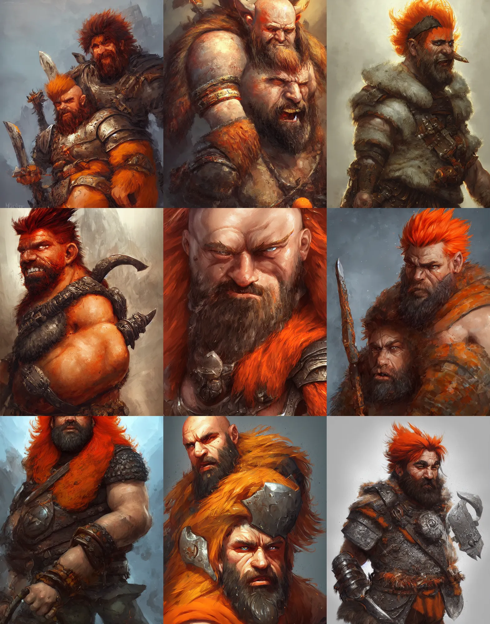 Prompt: a game art portrait of a male dwarf barbarian with an orange mohawk hairstyle and very long beard by marc simonetti, hyperrealism, artstation, deviantart, fantasy art, rpg portrait