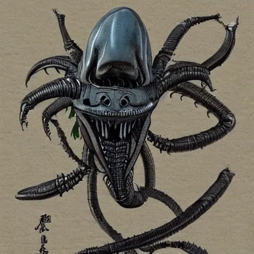 Image similar to xenomorph alien in the edo period. realistic.