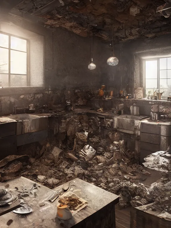 Image similar to sink hole in the kitchen, au naturel, hyper detailed, digital art, trending in artstation, cinematic lighting, studio quality, smooth render, unreal engine 5 rendered, octane rendered