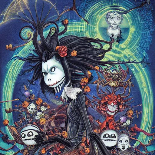 Image similar to portrait of crazy nightmare before christmas, symmetrical, by yoichi hatakenaka, masamune shirow, josan gonzales and dan mumford, ayami kojima, takato yamamoto, barclay shaw, karol bak, yukito kishiro