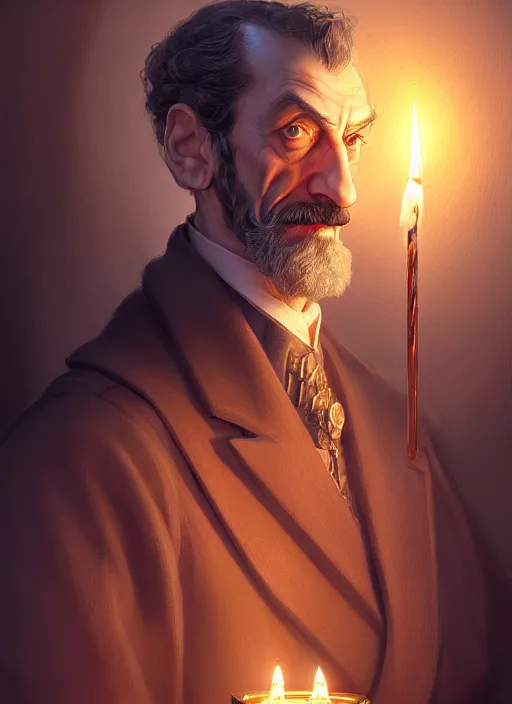 Image similar to portrait of havelock vetinari, discworld, intricate, elegant, candle light, highly detailed, digital painting, artstation, concept art, smooth, sharp focus, illustration, art by wlop, mars ravelo and greg rutkowski