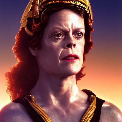 Image similar to sigourney weaver as goddess athena, hyperdetailed, hyperrealistic, volumetric lights, golden hour, 8 k, trending on artstation